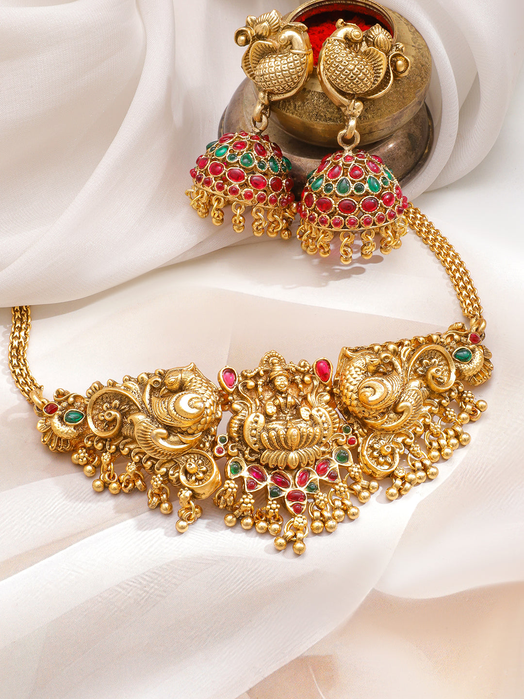 Peacock Motif Multicolor Gold Toned Choker Set