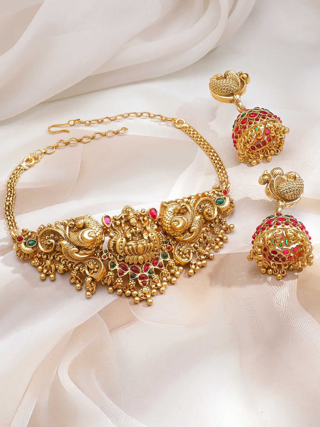 Peacock Motif Multicolor Gold Toned Choker Set