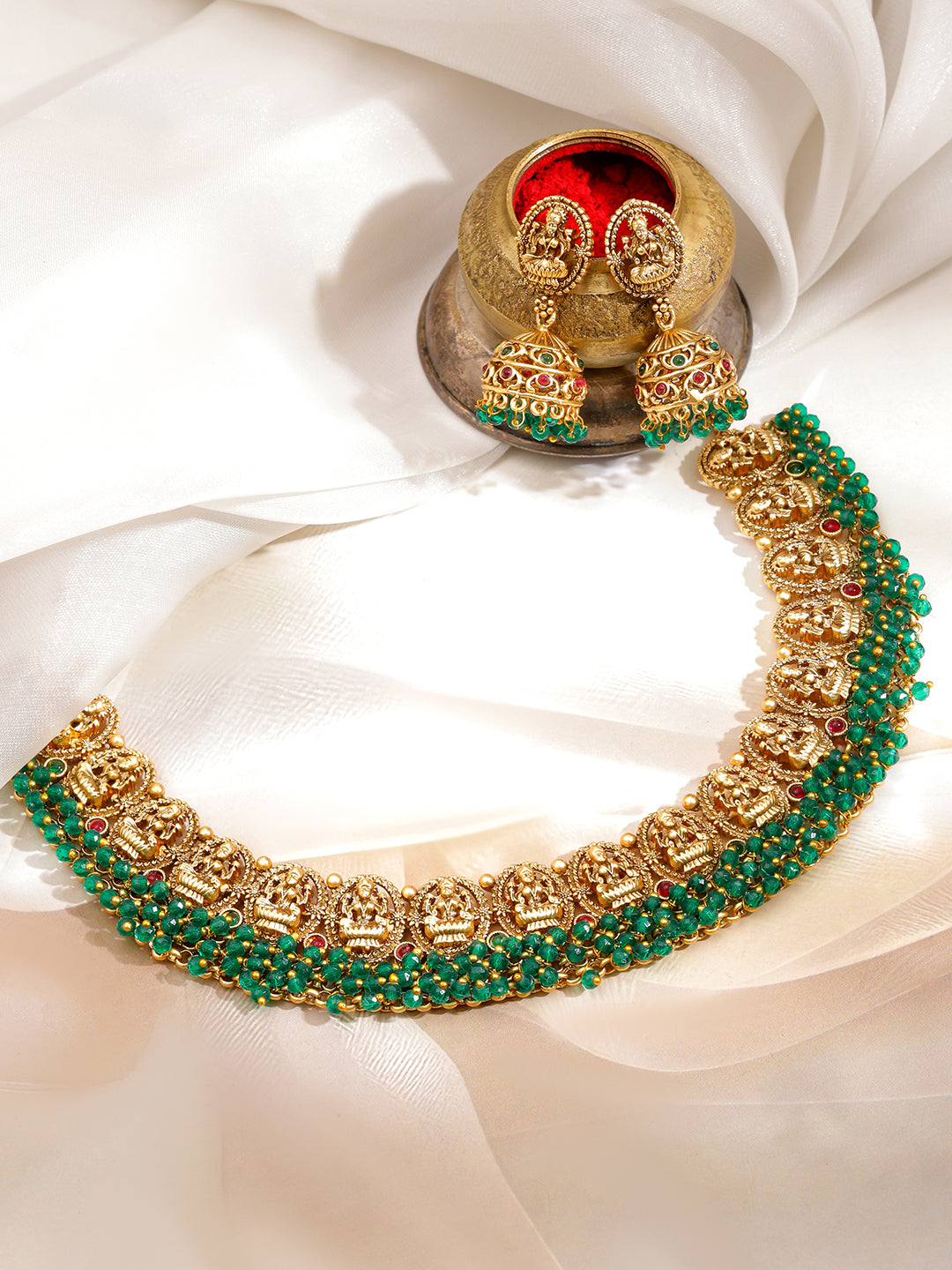 Green Beaded Laxmi Motif Necklace Set