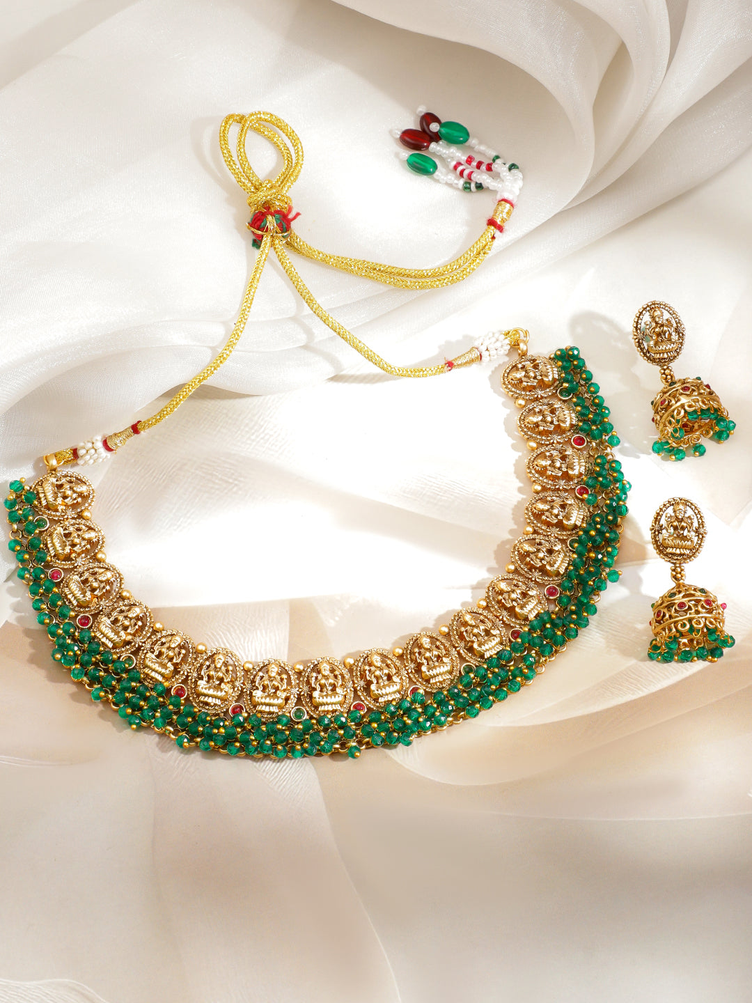 Green Beaded Laxmi Motif Necklace Set