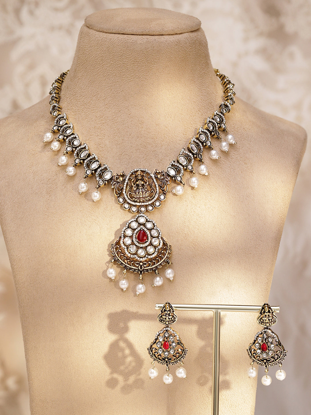 Laxmi Motif Kundan Pearl Necklace Set