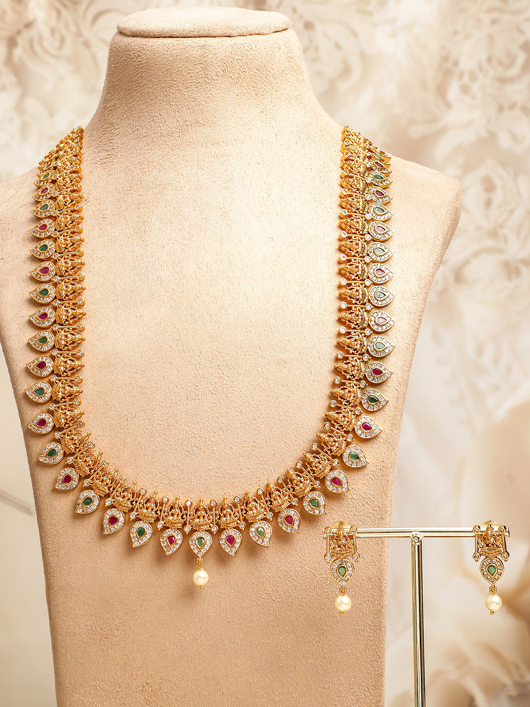 Green & Red Laxmi Motif Long Necklace Set