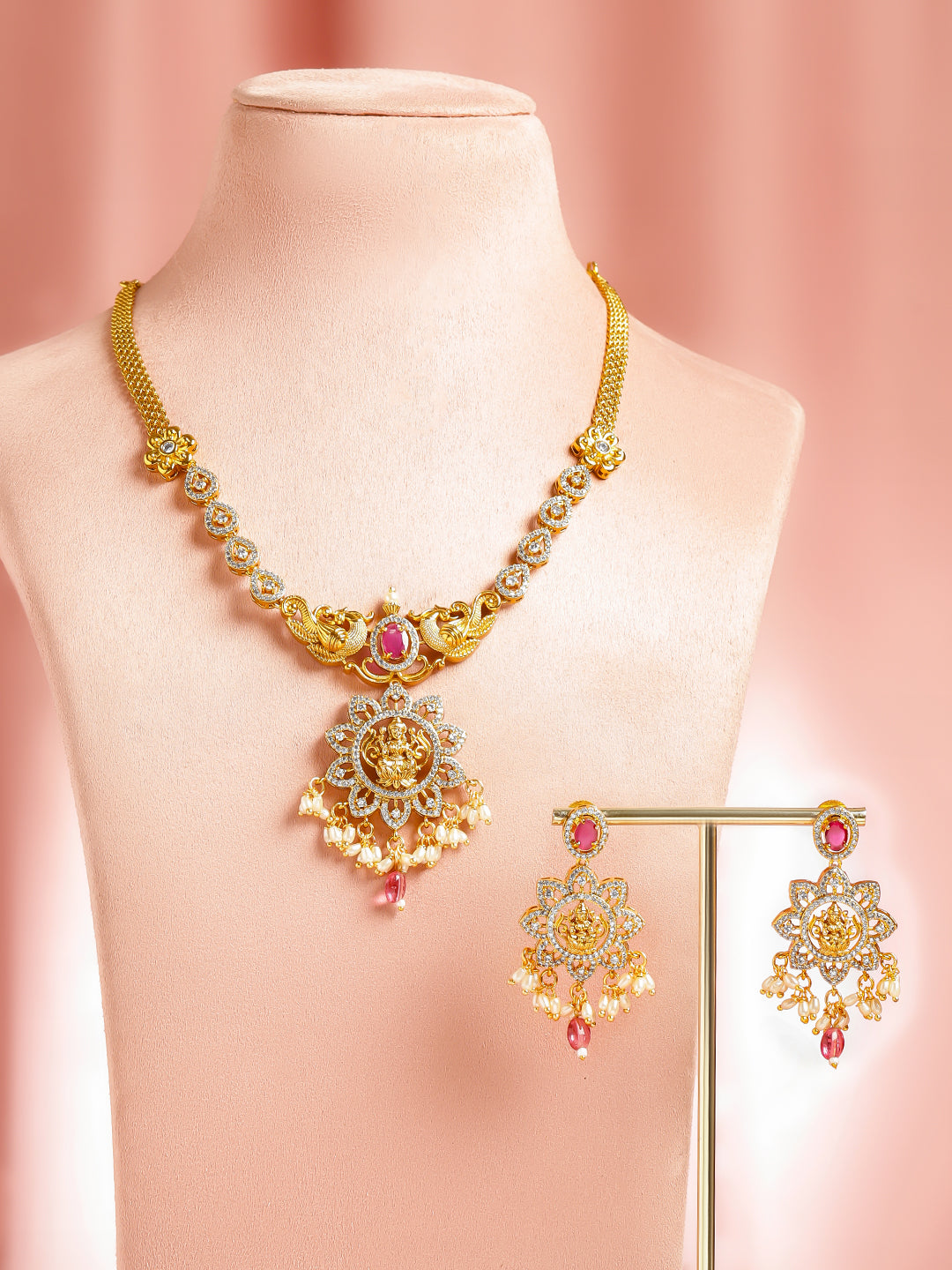 Temple Aura Lakshmi Pink Necklace Set