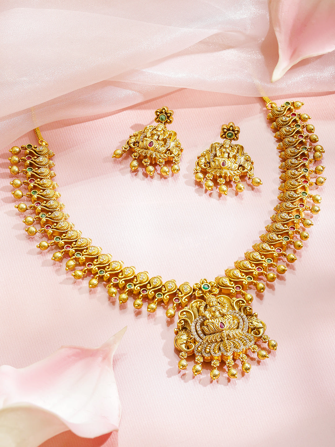 Lakshmi Idol Green & Pink Necklace Set