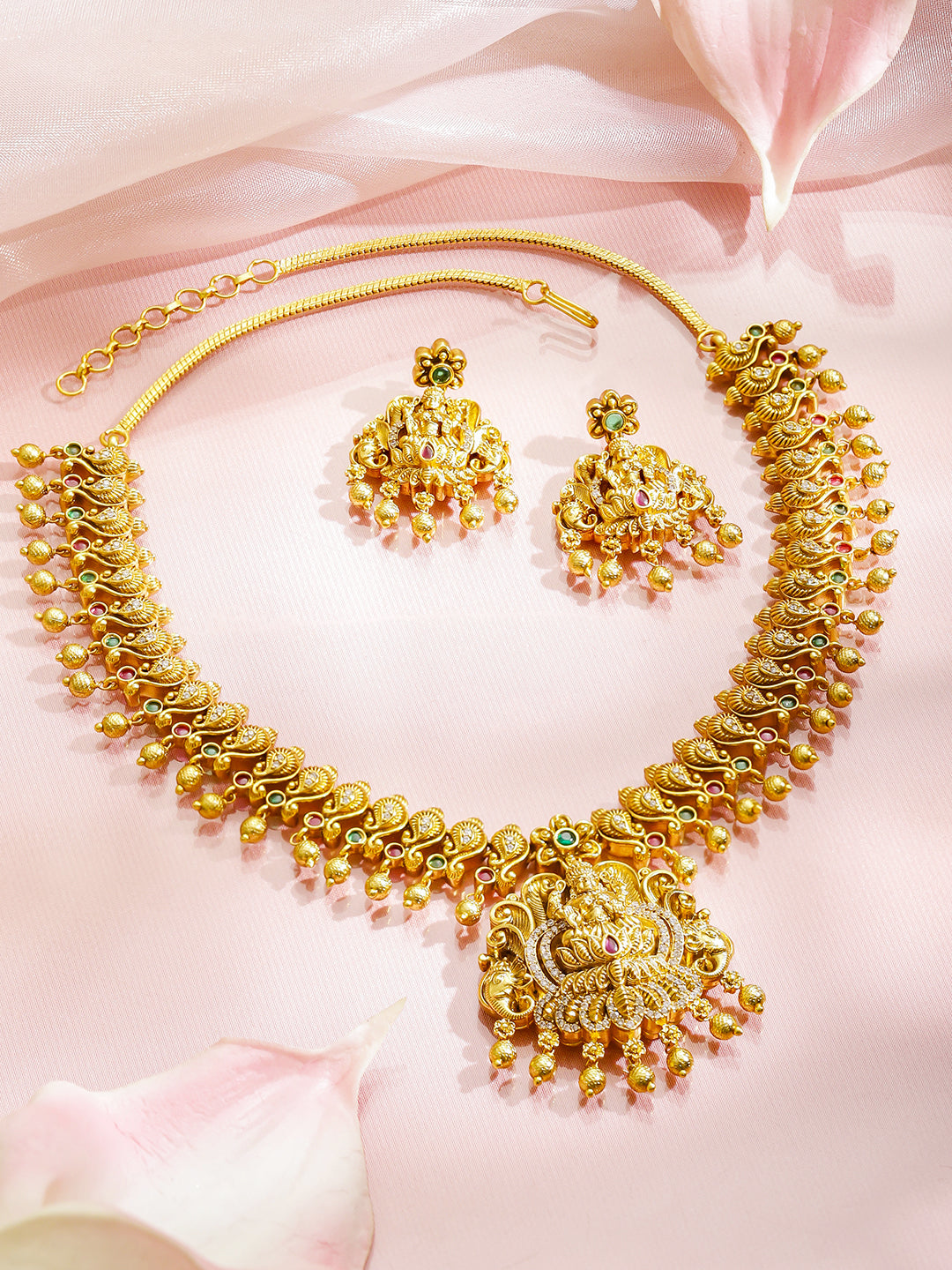 Lakshmi Idol Green & Pink Necklace Set