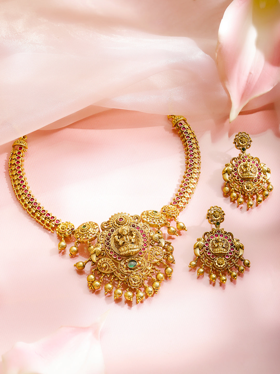 Pink & Green Blessings Lakshmi Necklace Set