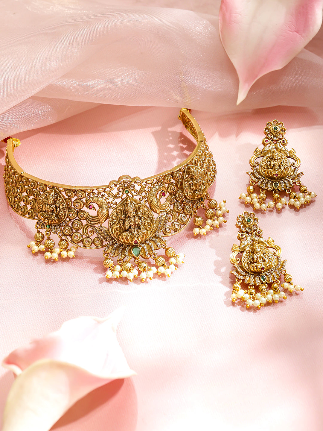 Laxmi Motif Gold Toned Pearl Drop Choker Set