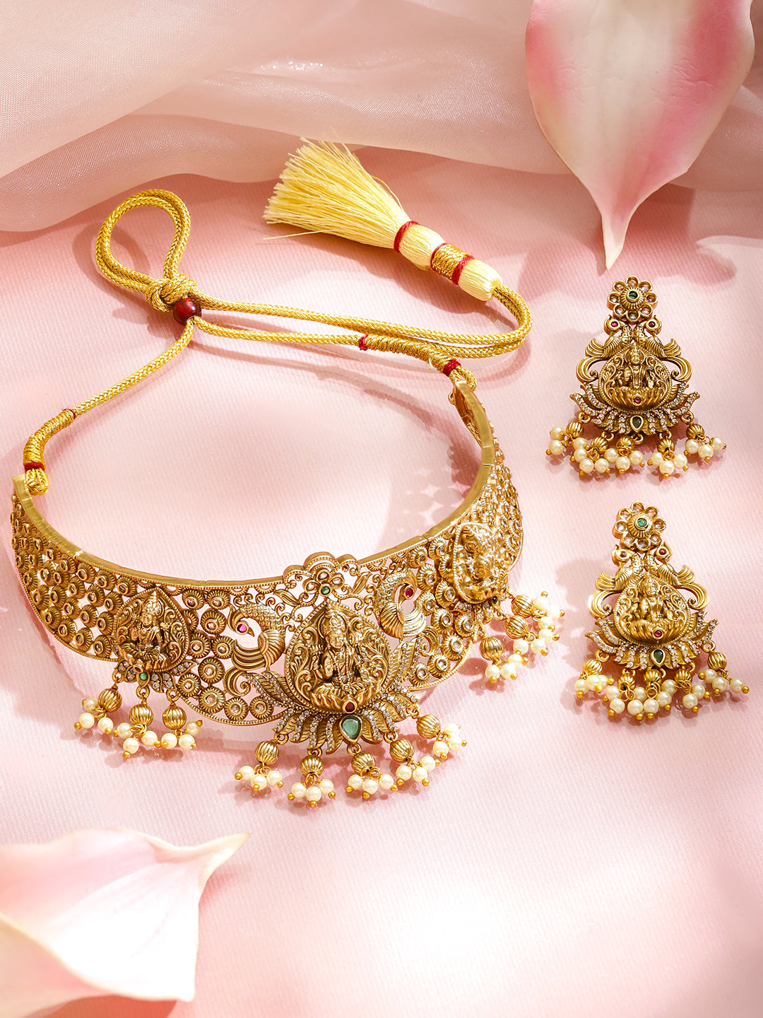 Laxmi Motif Gold Toned Pearl Drop Choker Set