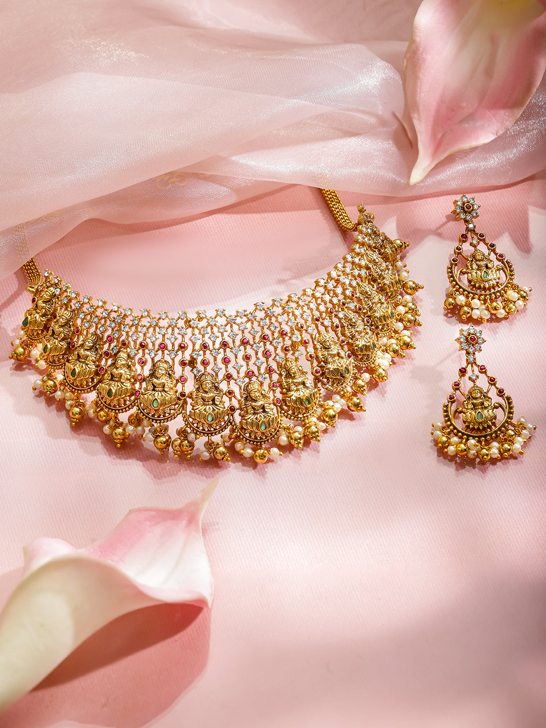 Pink-Green Spark Lakshmi Necklace Set