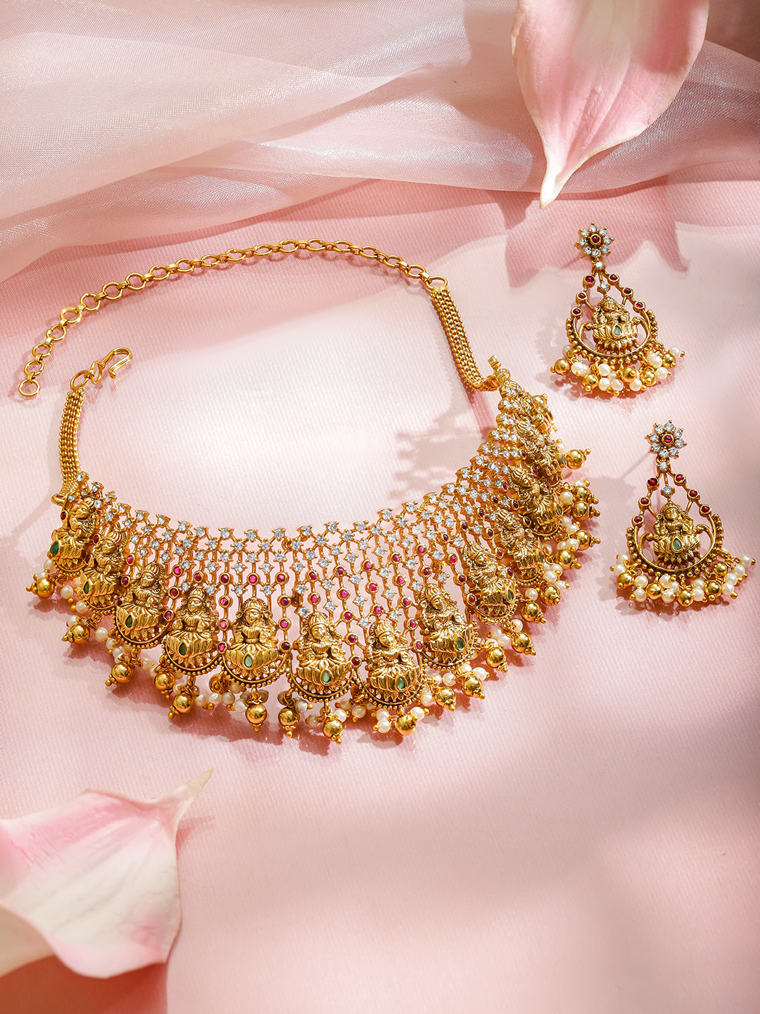 Pink-Green Spark Lakshmi Necklace Set