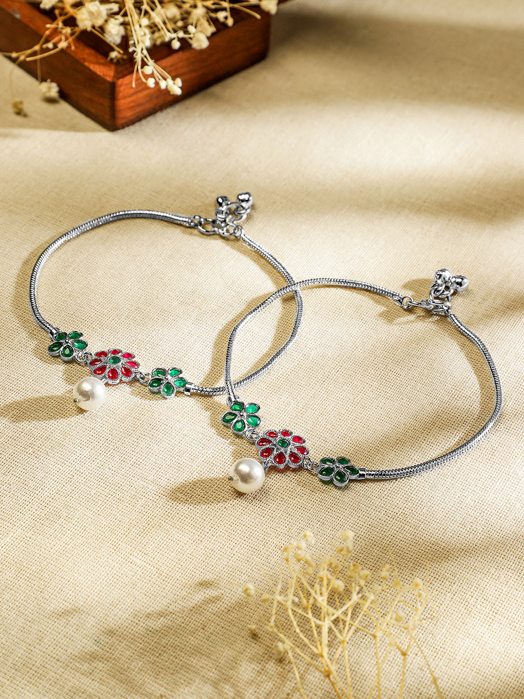 Wentra Set of 2 Oxidized Silver-Plated Ruby Pink & Emerald Green Kundan Floral Anklets with Pearl Accents