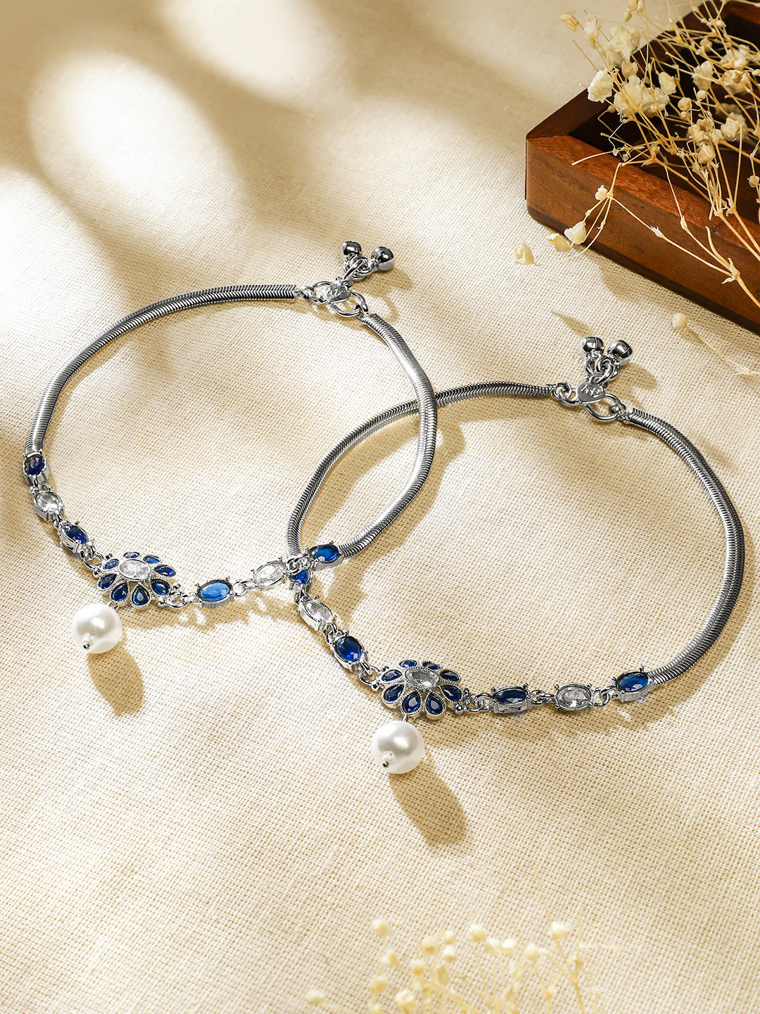 Wentra Set of 2 Oxidised Silver-Plated Blue & White Kundan Stone Anklets with Pearl Accents