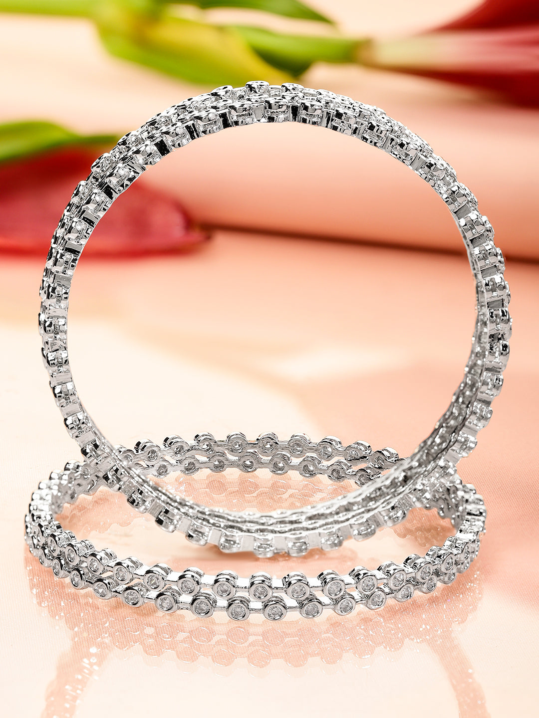 Wentra Set Of 6 Rhodium-Plated Cubic Zirconia Studded Classics Bangles in Silver Tone for Women