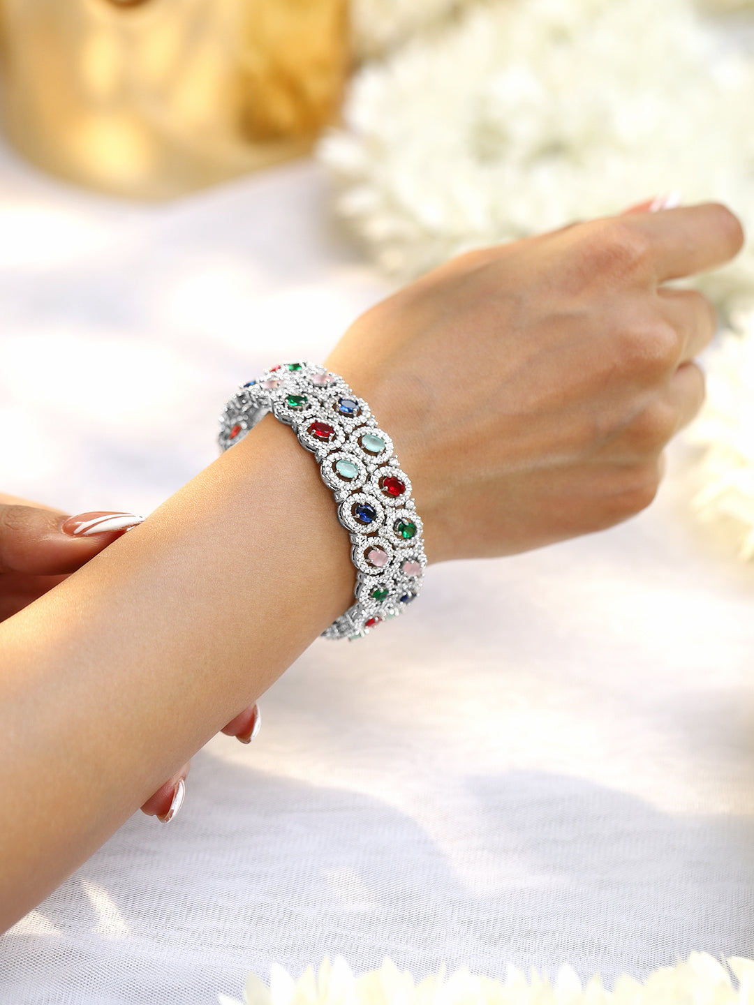 Wentra Rhodium-Plated Multicolor Cubic Zirconia Studded Premium set of 2 Bangles