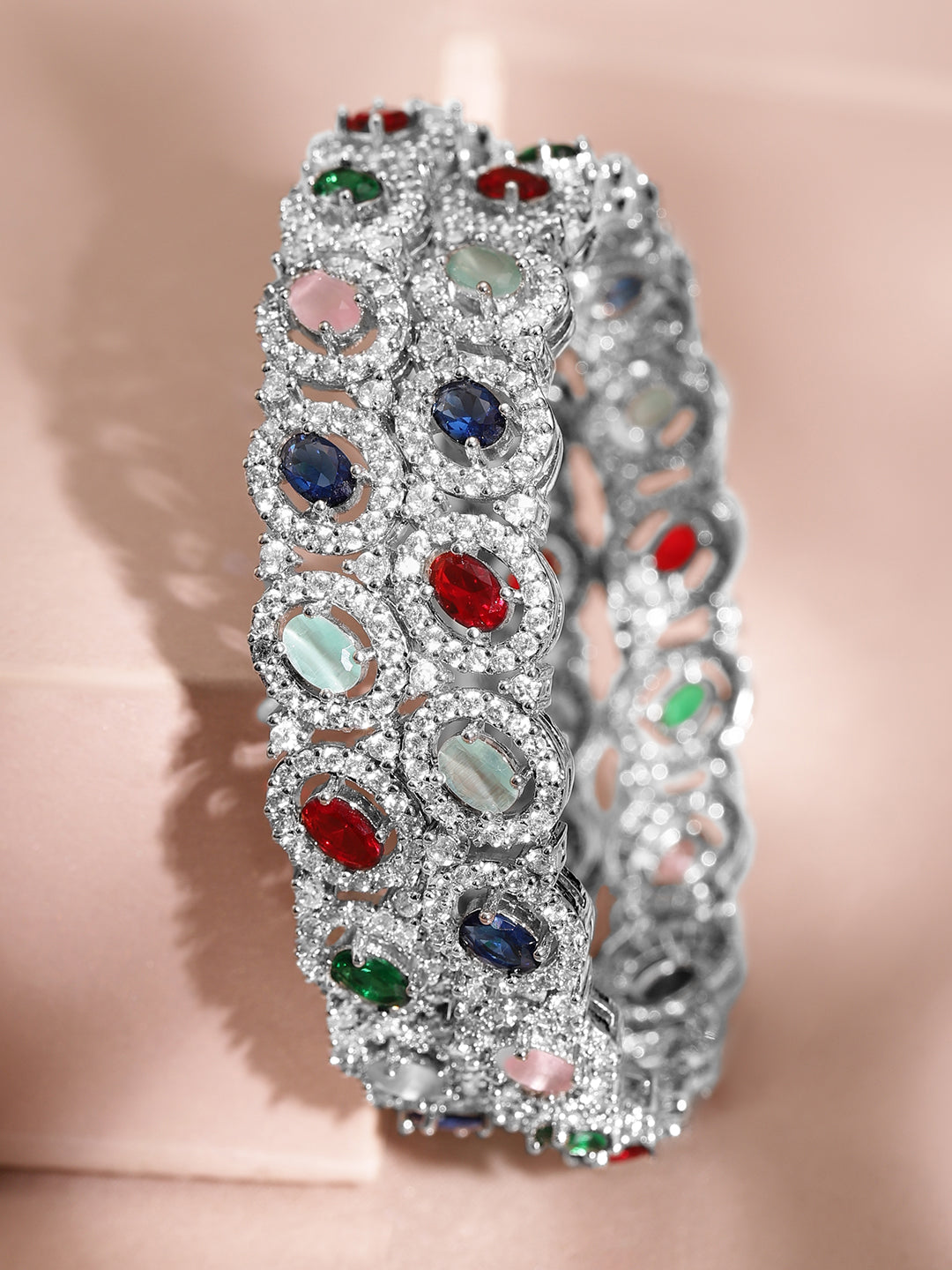 Wentra Rhodium-Plated Multicolor Cubic Zirconia Studded Premium set of 2 Bangles