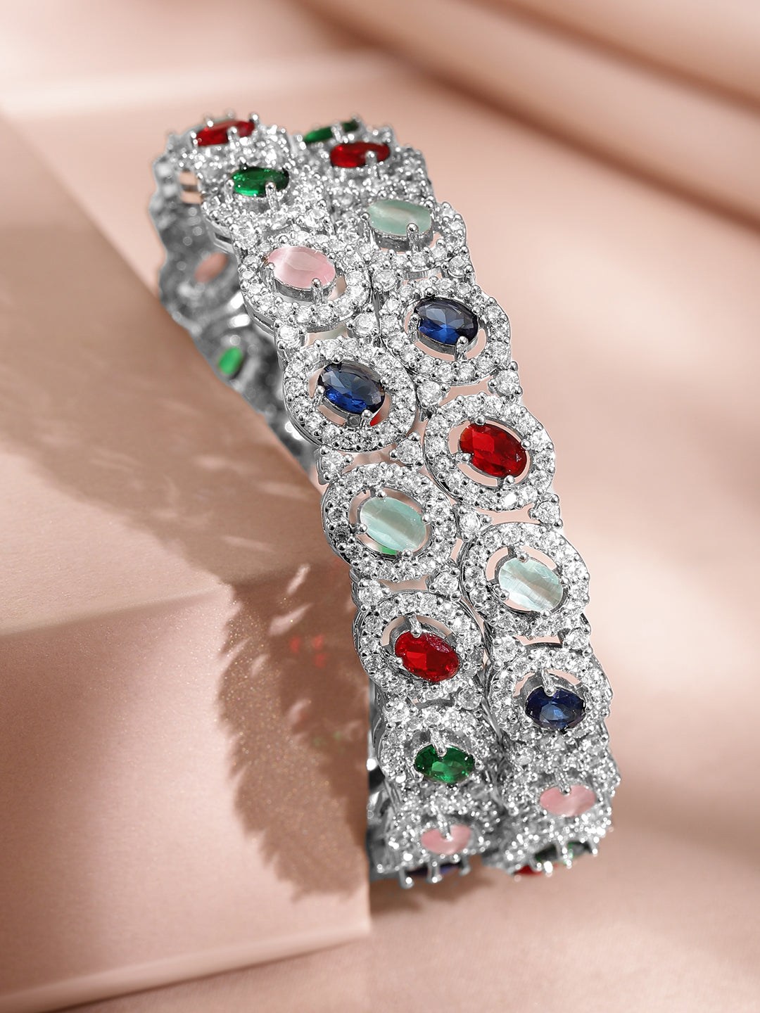 Wentra Rhodium-Plated Multicolor Cubic Zirconia Studded Premium set of 2 Bangles