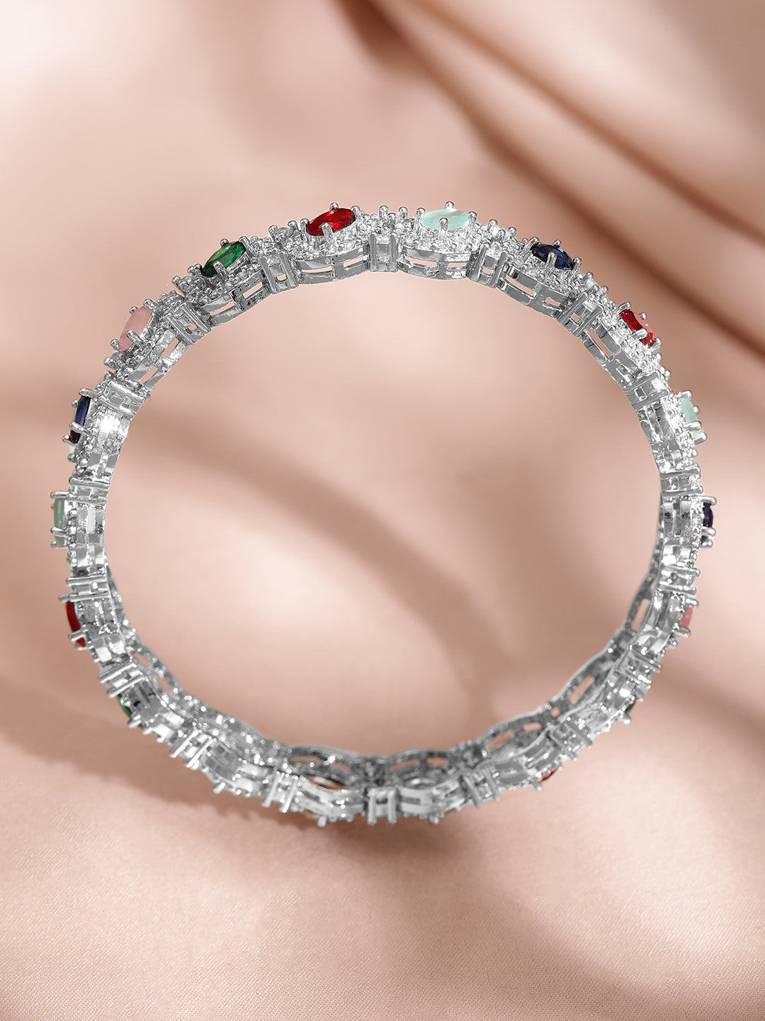 Wentra Rhodium-Plated Multicolor Cubic Zirconia Studded Premium set of 2 Bangles