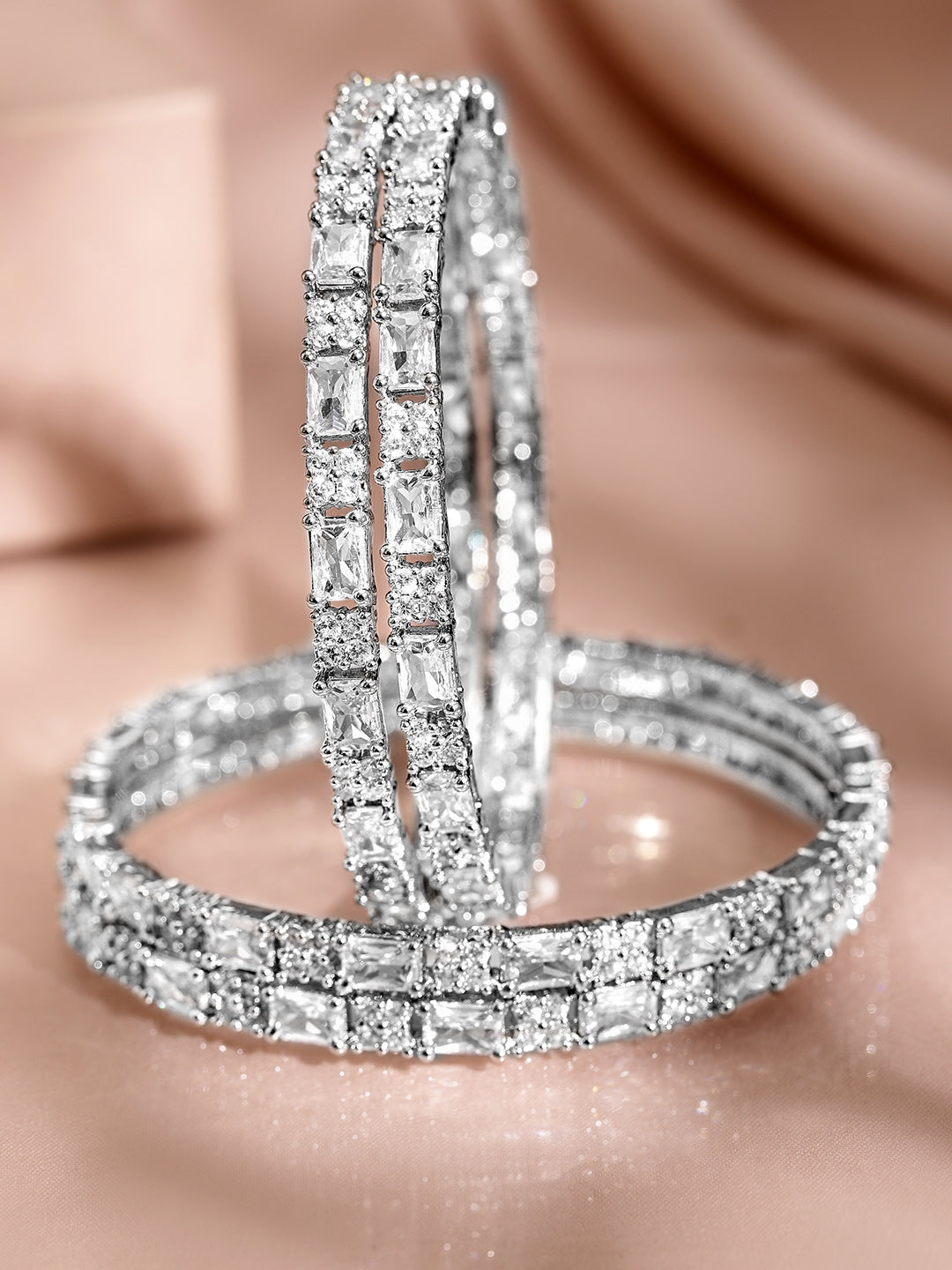 Wentra Set of 4 Rhodium-Plated Silver-Tone Cubic Zirconia Studded Premium Bangles