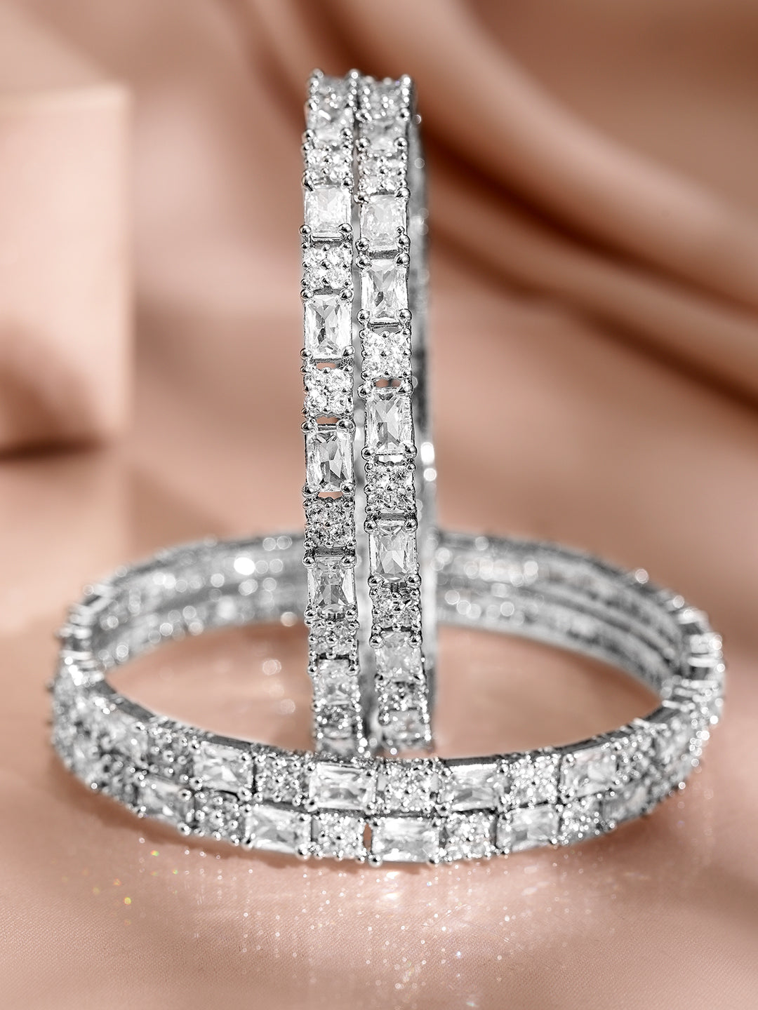 Wentra Set of 4 Rhodium-Plated Silver-Tone Cubic Zirconia Studded Premium Bangles