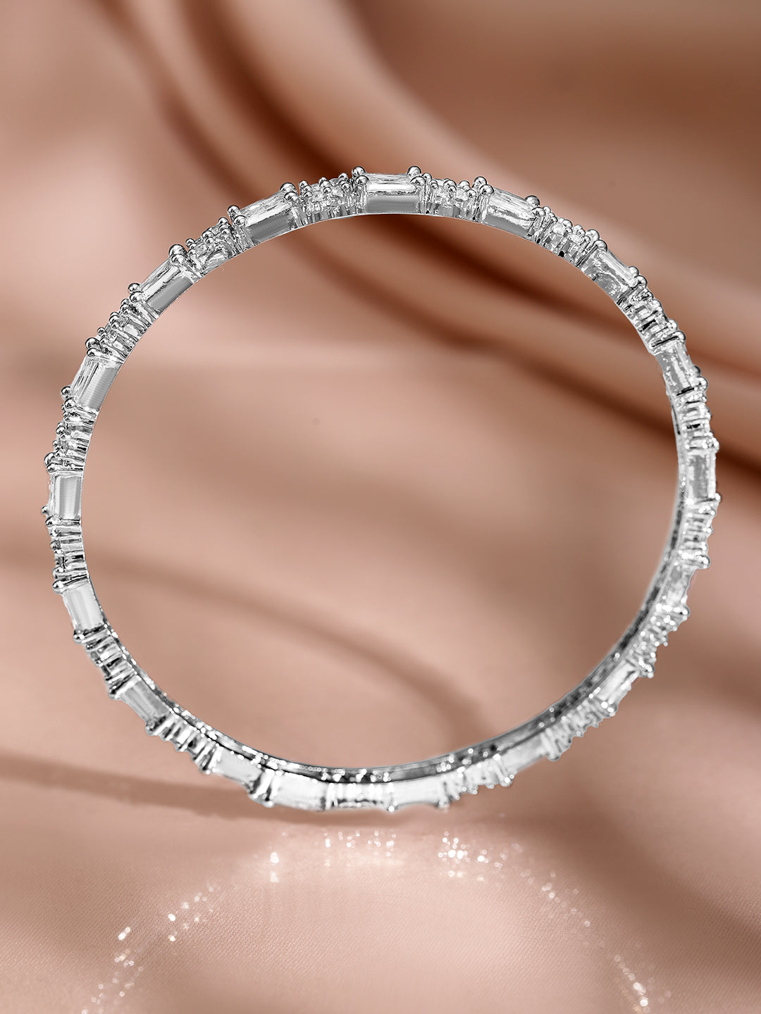 Wentra Set of 4 Rhodium-Plated Silver-Tone Cubic Zirconia Studded Premium Bangles