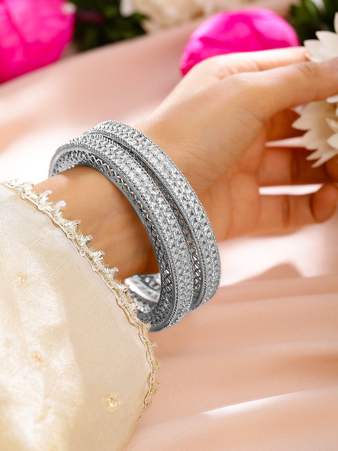 Wentra Set of 2 Rhodium-Plated White Cubic Zirconia Studded Luxe Bangles for Women