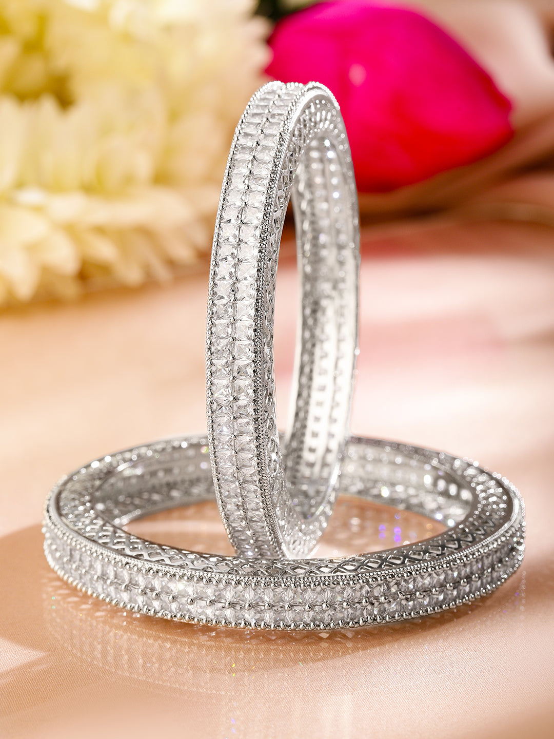 Wentra Set of 2 Rhodium-Plated White Cubic Zirconia Studded Luxe Bangles for Women