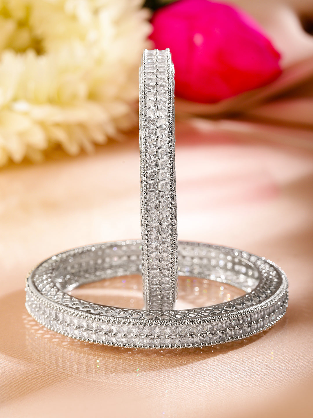 Wentra Set of 2 Rhodium-Plated White Cubic Zirconia Studded Luxe Bangles for Women