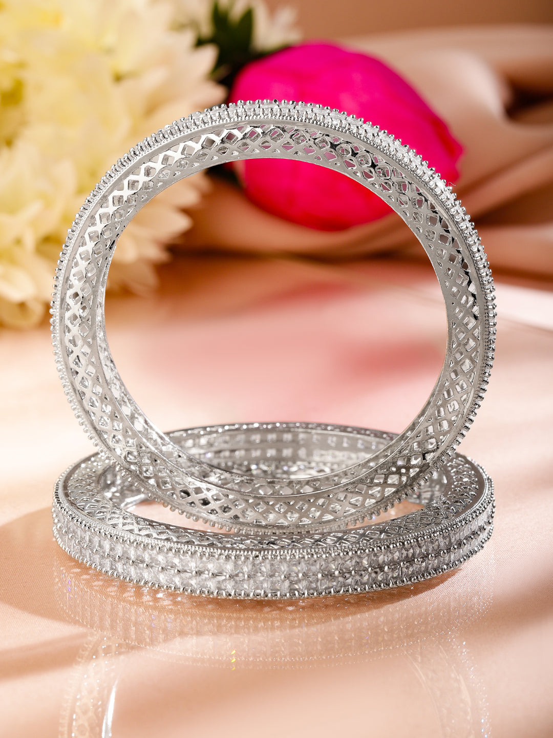 Wentra Set of 2 Rhodium-Plated White Cubic Zirconia Studded Luxe Bangles for Women