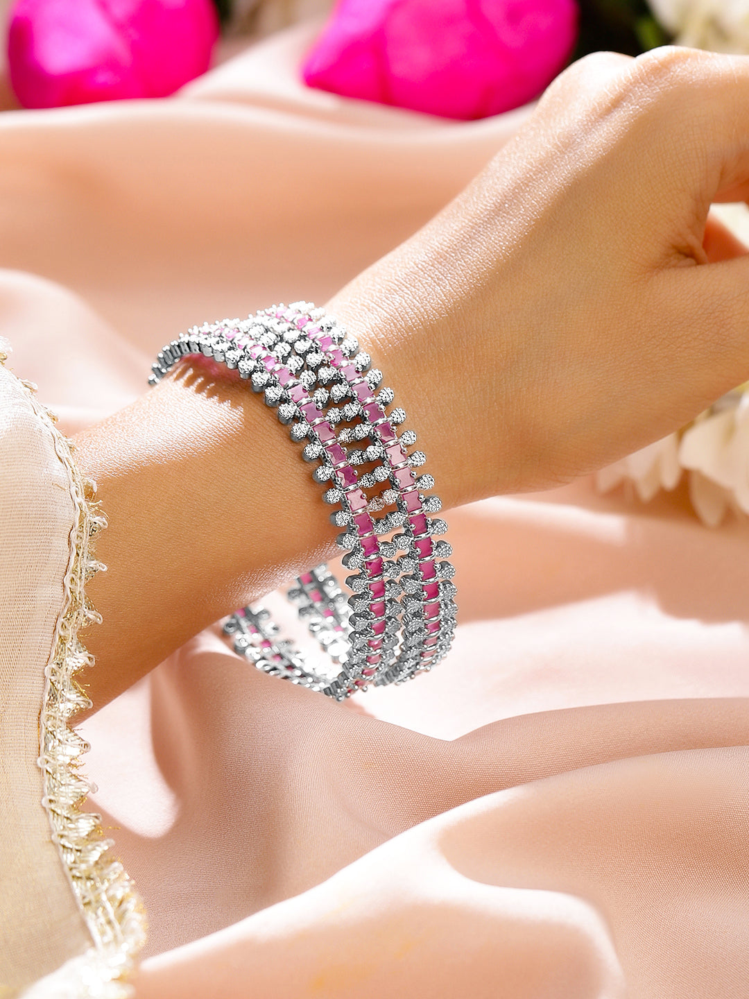 Wentra Set of 2 Rhodium-Plated Ruby Pink & White Cubic Zirconia Studded Luxe Bangles