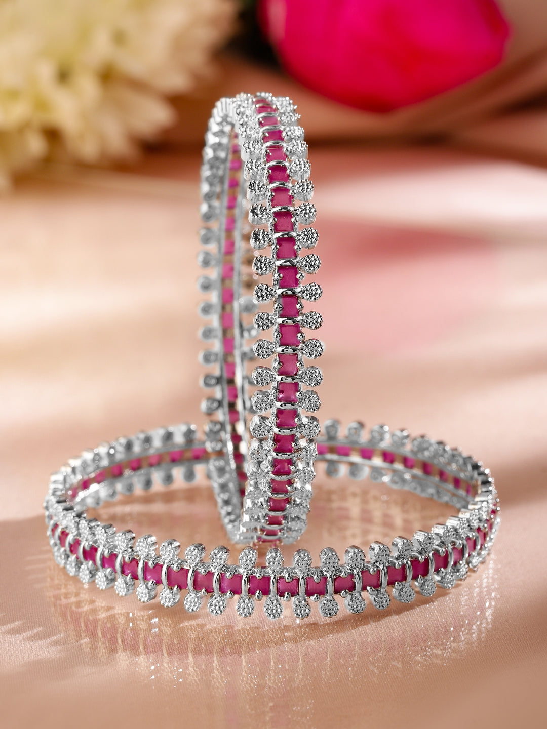 Wentra Set of 2 Rhodium-Plated Ruby Pink & White Cubic Zirconia Studded Luxe Bangles