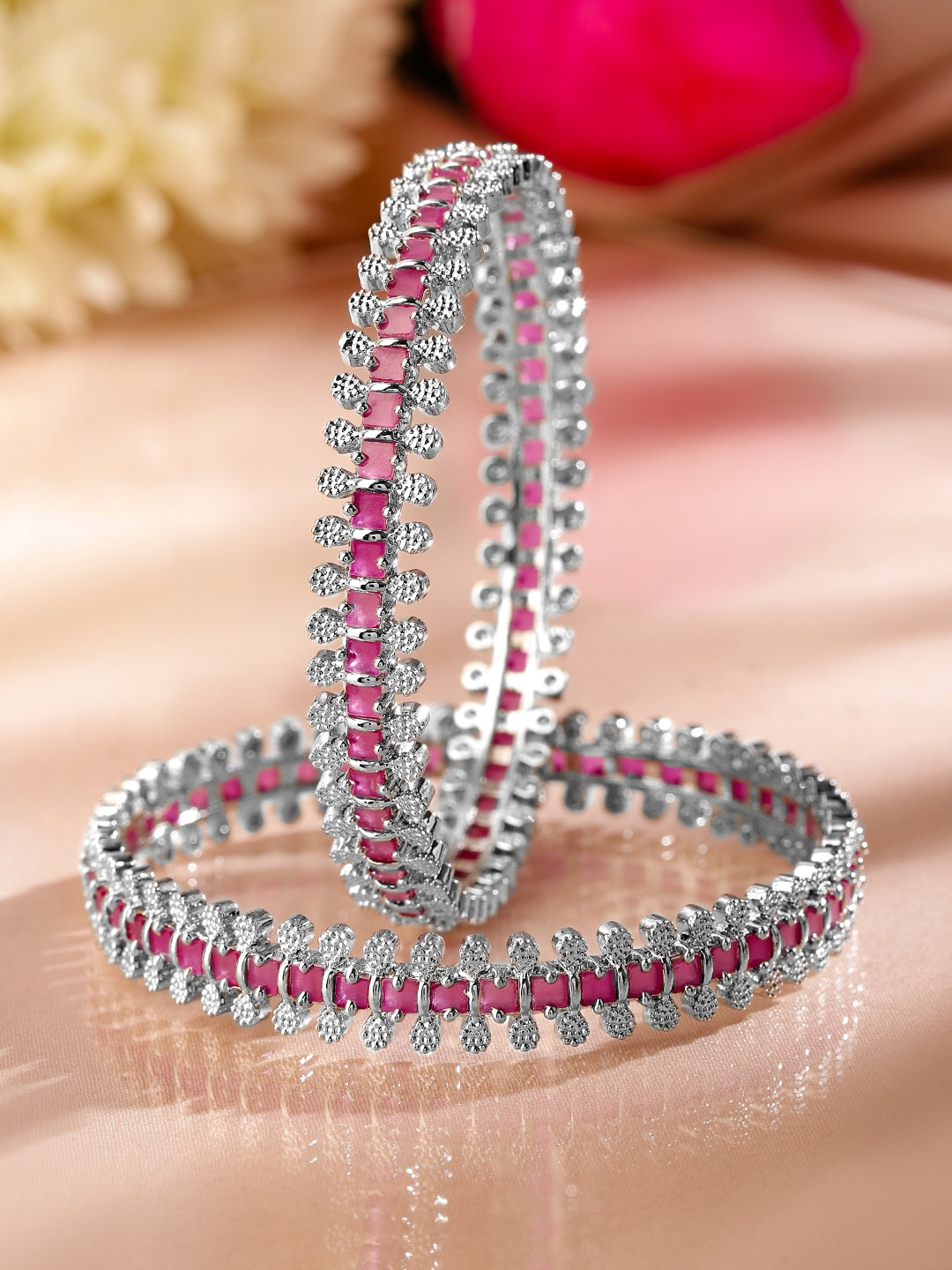Wentra Set of 2 Rhodium-Plated Ruby Pink & White Cubic Zirconia Studded Luxe Bangles