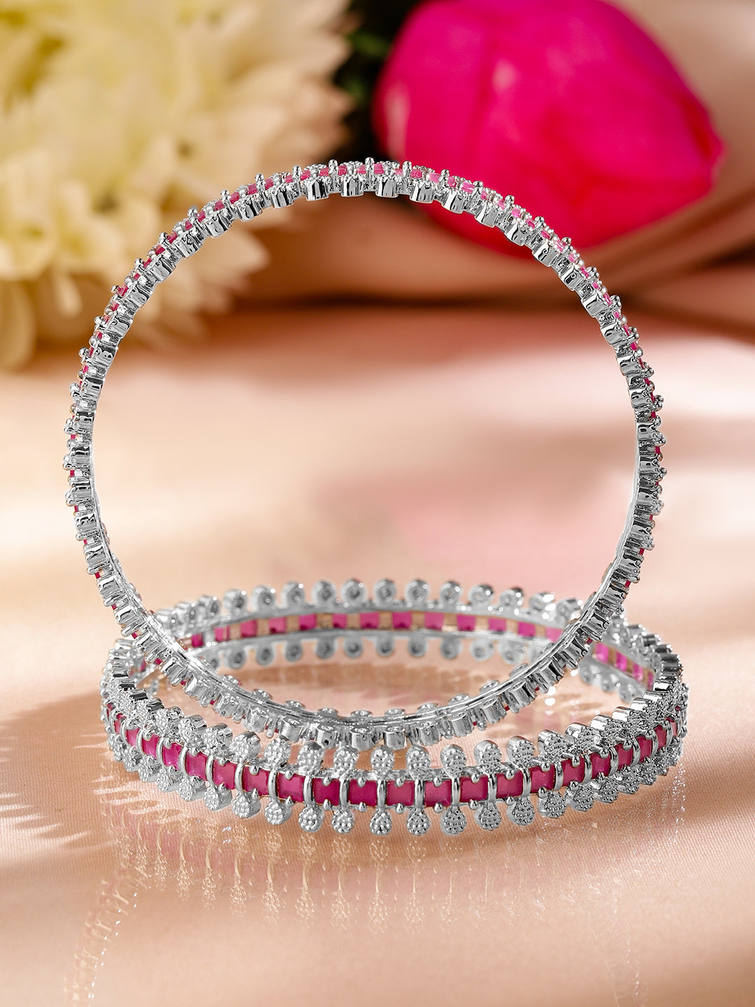 Wentra Set of 2 Rhodium-Plated Ruby Pink & White Cubic Zirconia Studded Luxe Bangles