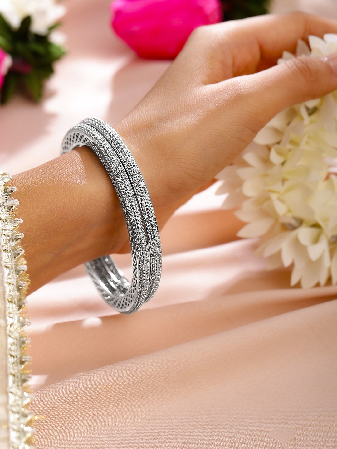 Wentra Set of 2 Rhodium-Plated White Cubic Zirconia Studded Classic Premium Bangles for Women