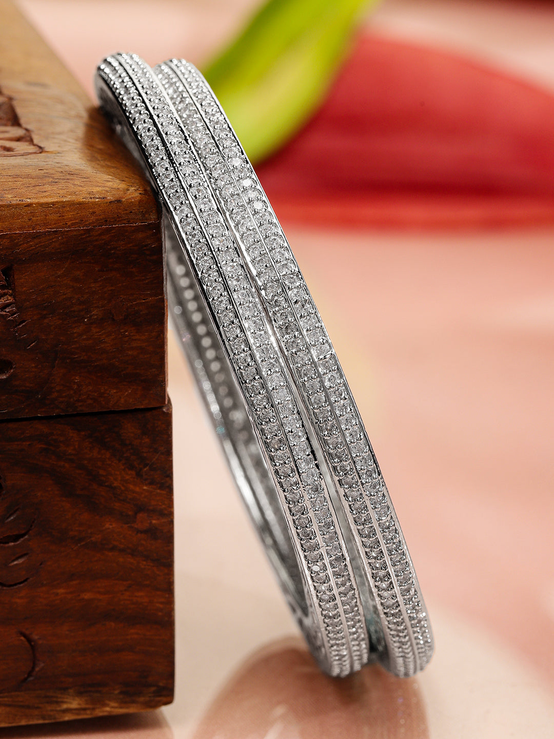Wentra Set of 2 Rhodium-Plated White Cubic Zirconia Studded Classic Premium Bangles for Women