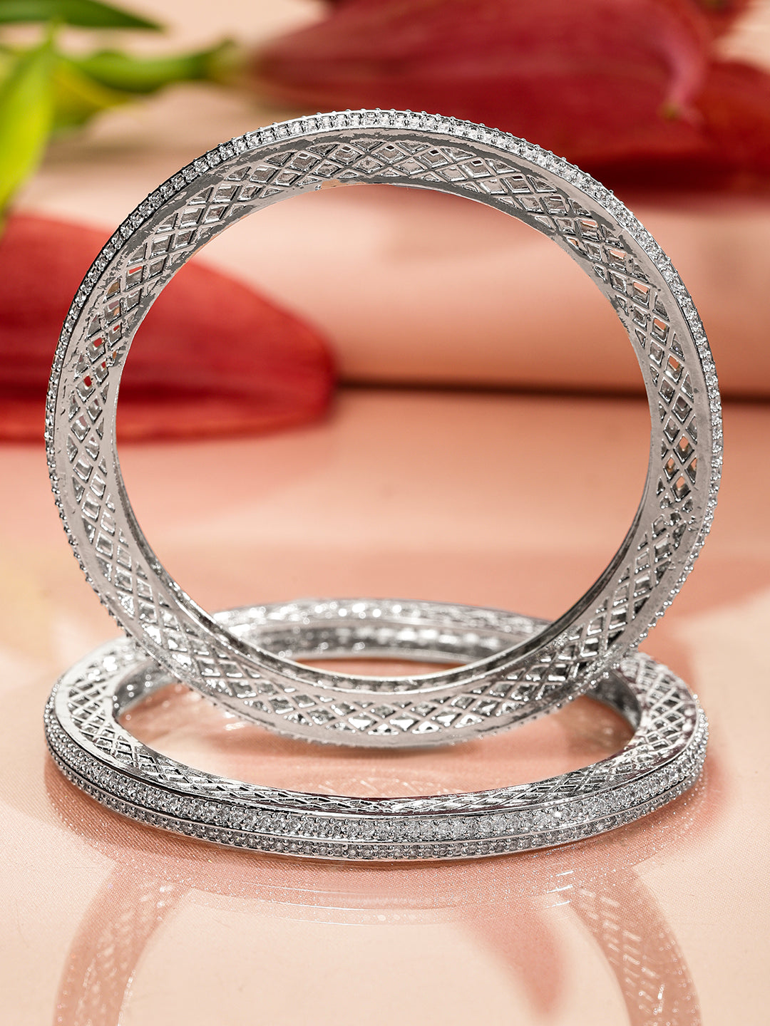 Wentra Set of 2 Rhodium-Plated White Cubic Zirconia Studded Classic Premium Bangles for Women