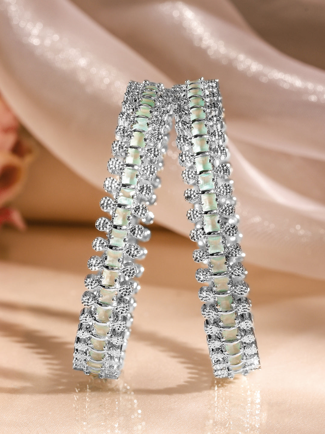 Wentra Set of 2 Rhodium-Plated White & Mint Green Cubic Zirconia Studded Handcrafted Luxe Bangles