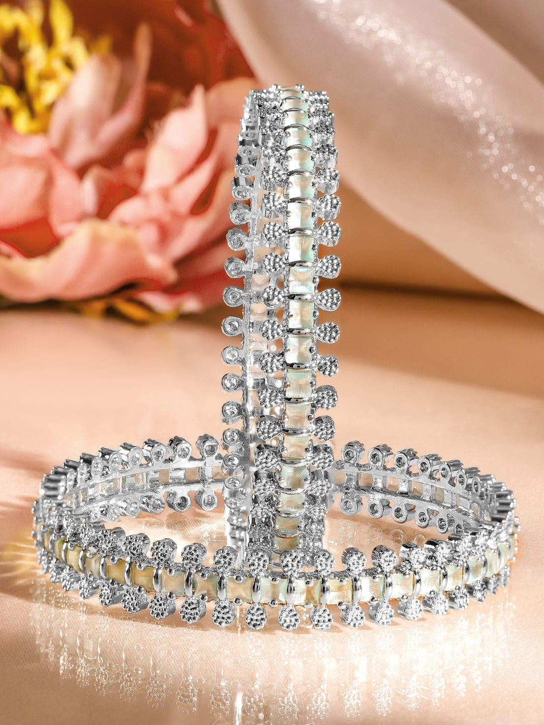 Wentra Set of 2 Rhodium-Plated White & Mint Green Cubic Zirconia Studded Handcrafted Luxe Bangles