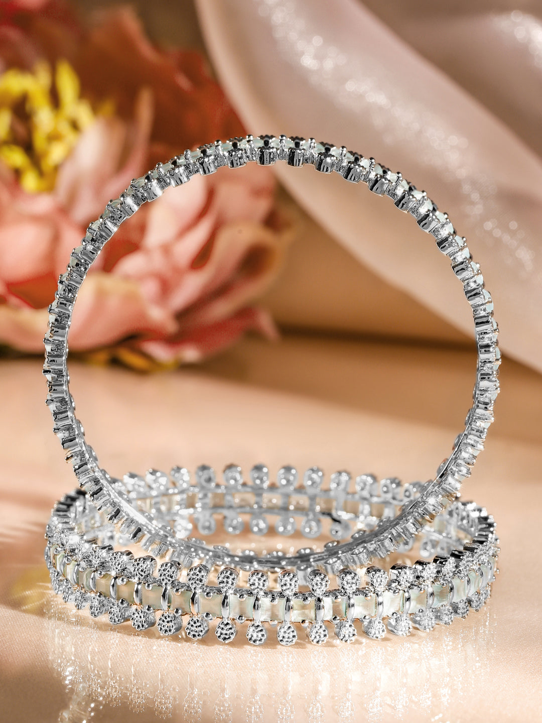 Wentra Set of 2 Rhodium-Plated White & Mint Green Cubic Zirconia Studded Handcrafted Luxe Bangles