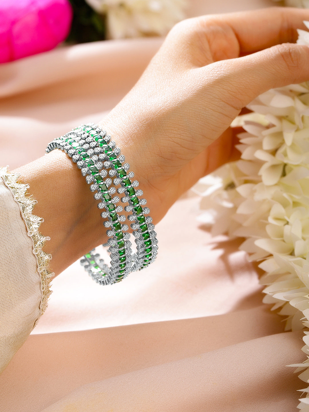 Wentra Set of 2 Rhodium-Plated Emerald Green & White Cubic Zirconia Studded Luxe Bangles