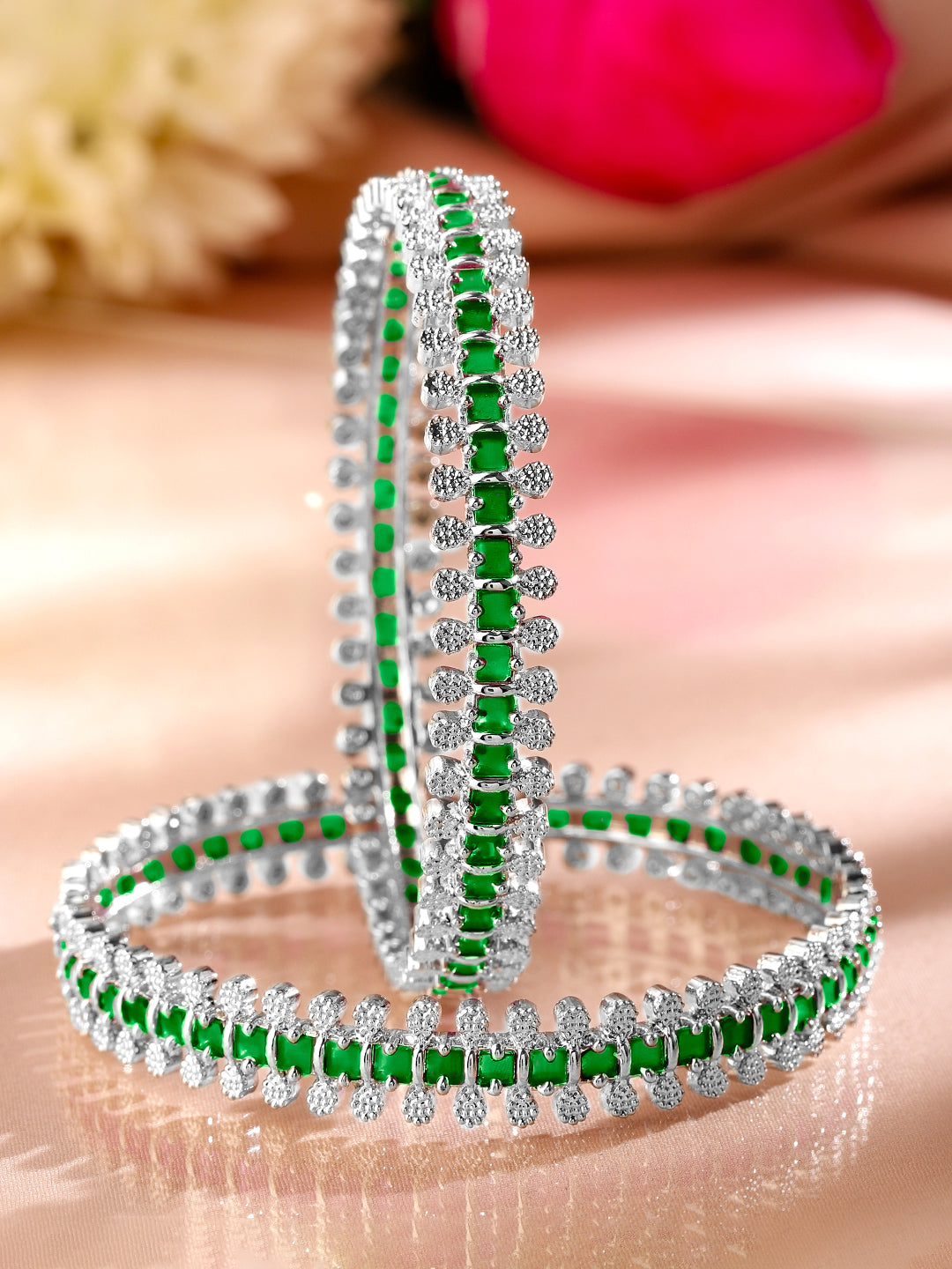 Wentra Set of 2 Rhodium-Plated Emerald Green & White Cubic Zirconia Studded Luxe Bangles