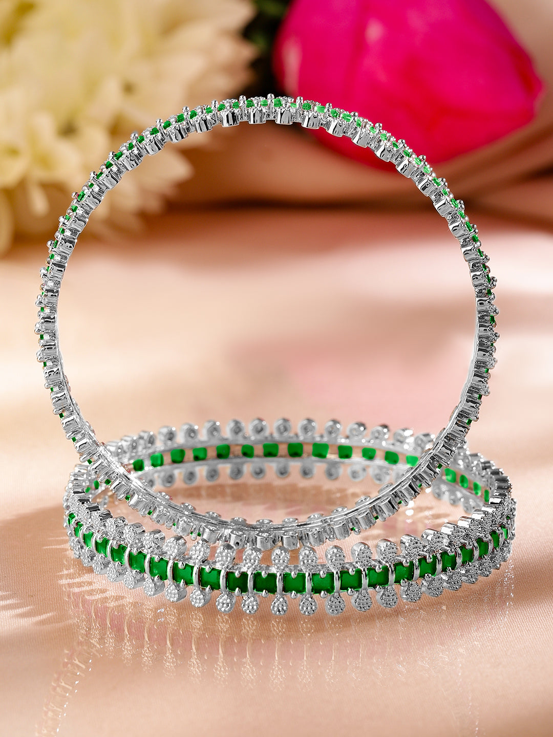 Wentra Set of 2 Rhodium-Plated Emerald Green & White Cubic Zirconia Studded Luxe Bangles