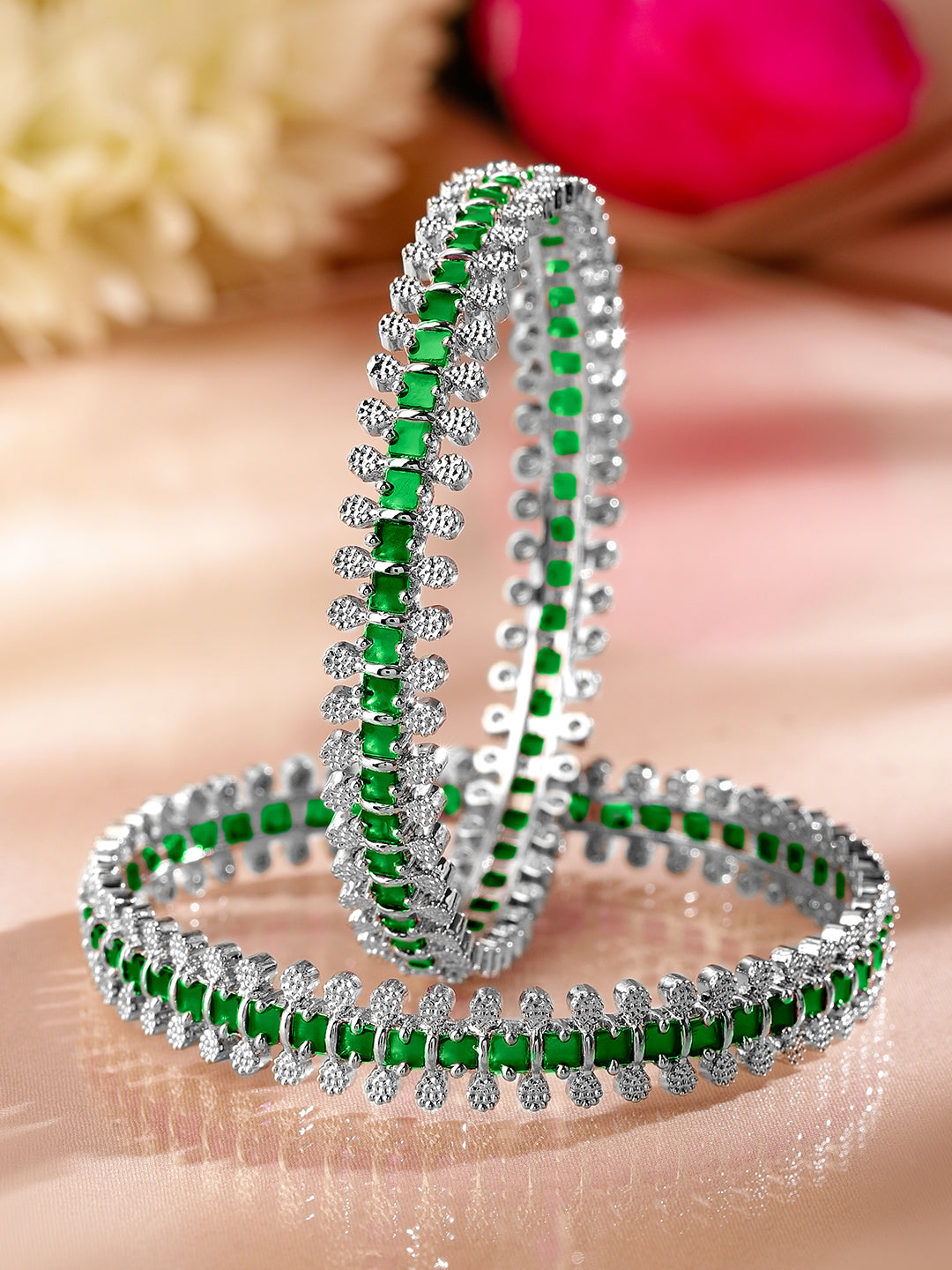 Wentra Set of 2 Rhodium-Plated Emerald Green & White Cubic Zirconia Studded Luxe Bangles