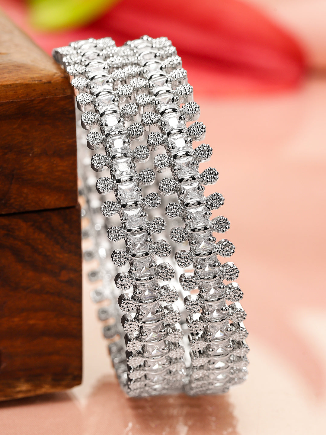Wentra Set of 2 Rhodium-Plated White Cubic Zirconia Studded Handcrafted Luxe Bangles for Women