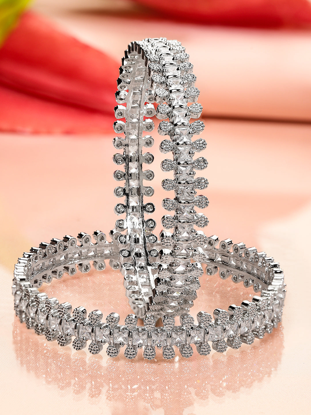 Wentra Set of 2 Rhodium-Plated White Cubic Zirconia Studded Handcrafted Luxe Bangles for Women