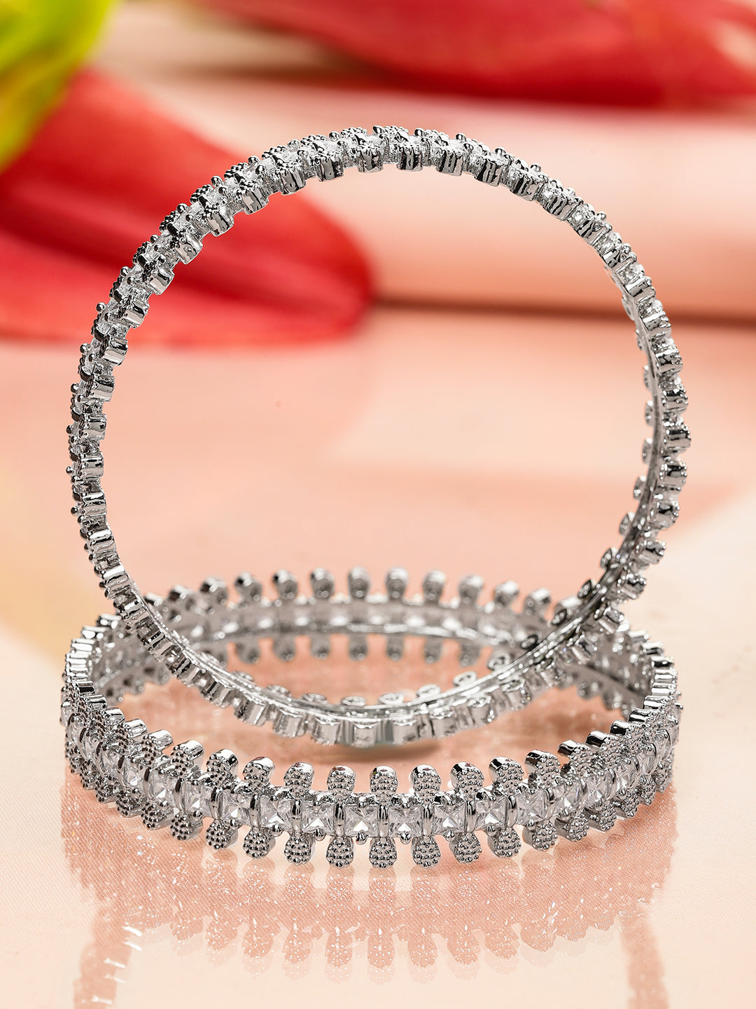 Wentra Set of 2 Rhodium-Plated White Cubic Zirconia Studded Handcrafted Luxe Bangles for Women