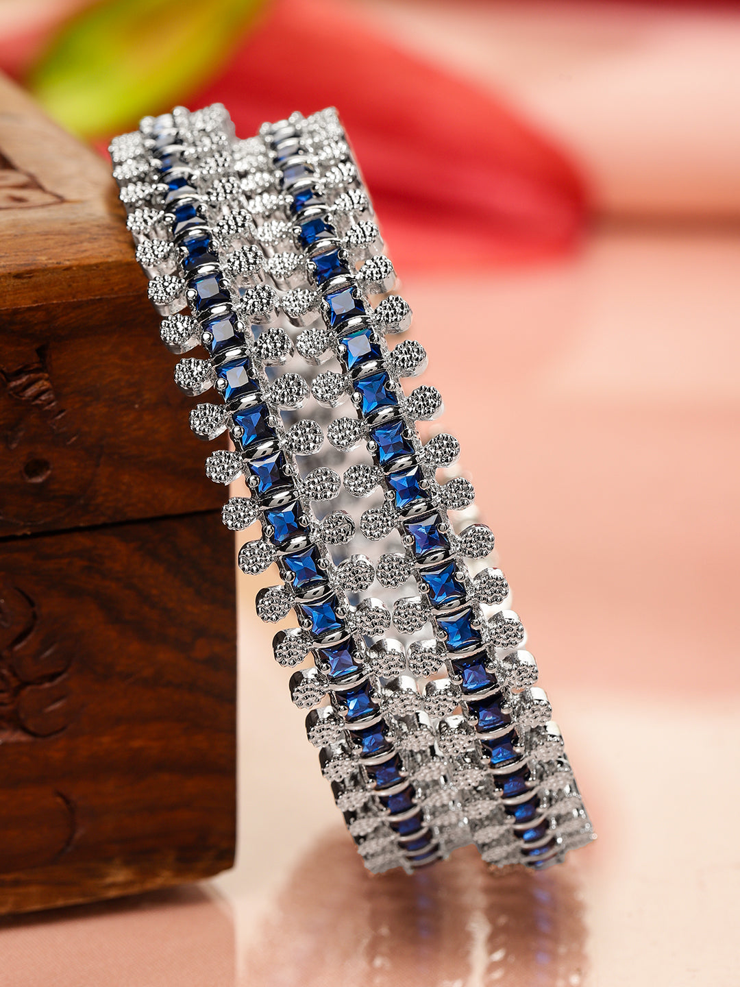 Wentra Set of 2 Rhodium-Plated Blue & White Cubic Zirconia Studded Handcrafted Luxe Bangles for Women