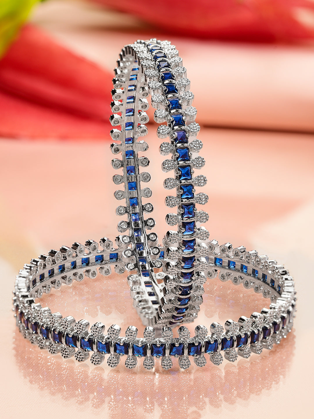 Wentra Set of 2 Rhodium-Plated Blue & White Cubic Zirconia Studded Handcrafted Luxe Bangles for Women