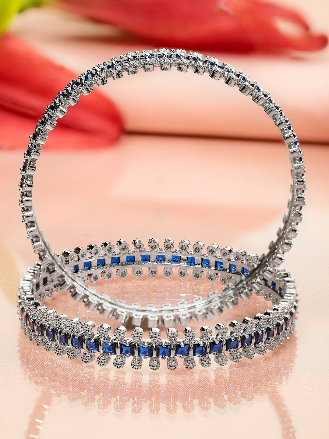 Wentra Set of 2 Rhodium-Plated Blue & White Cubic Zirconia Studded Handcrafted Luxe Bangles for Women