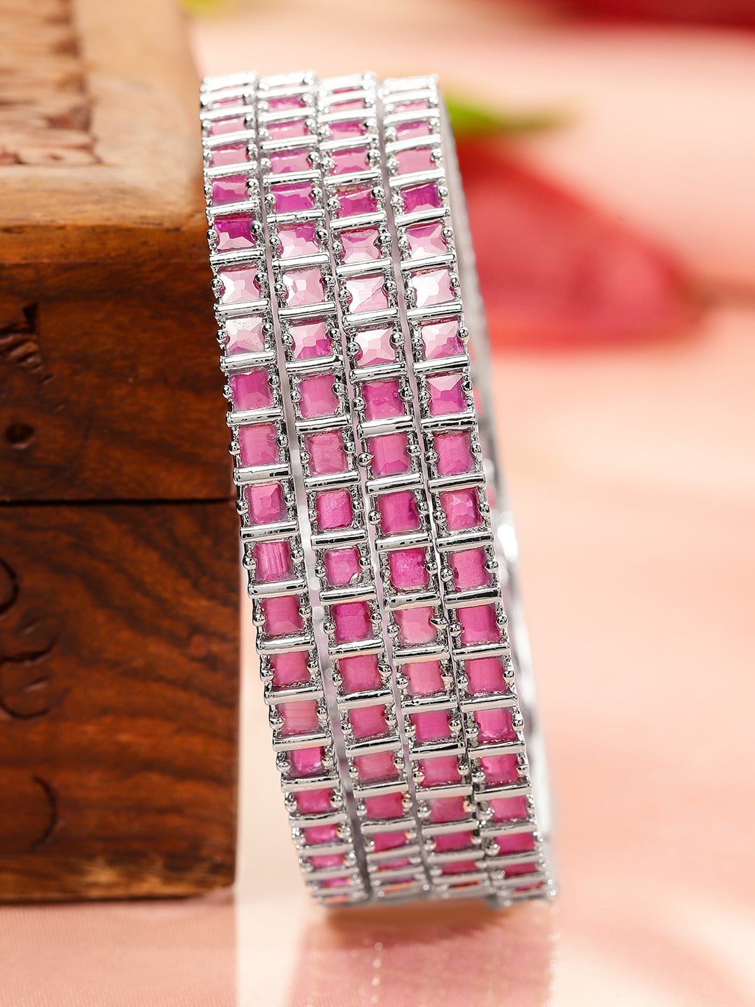 Wentra Set of 4 Rhodium-Plated Ruby Pink Cubic Zirconia Studded Handcrafted Premium Bangles for Women