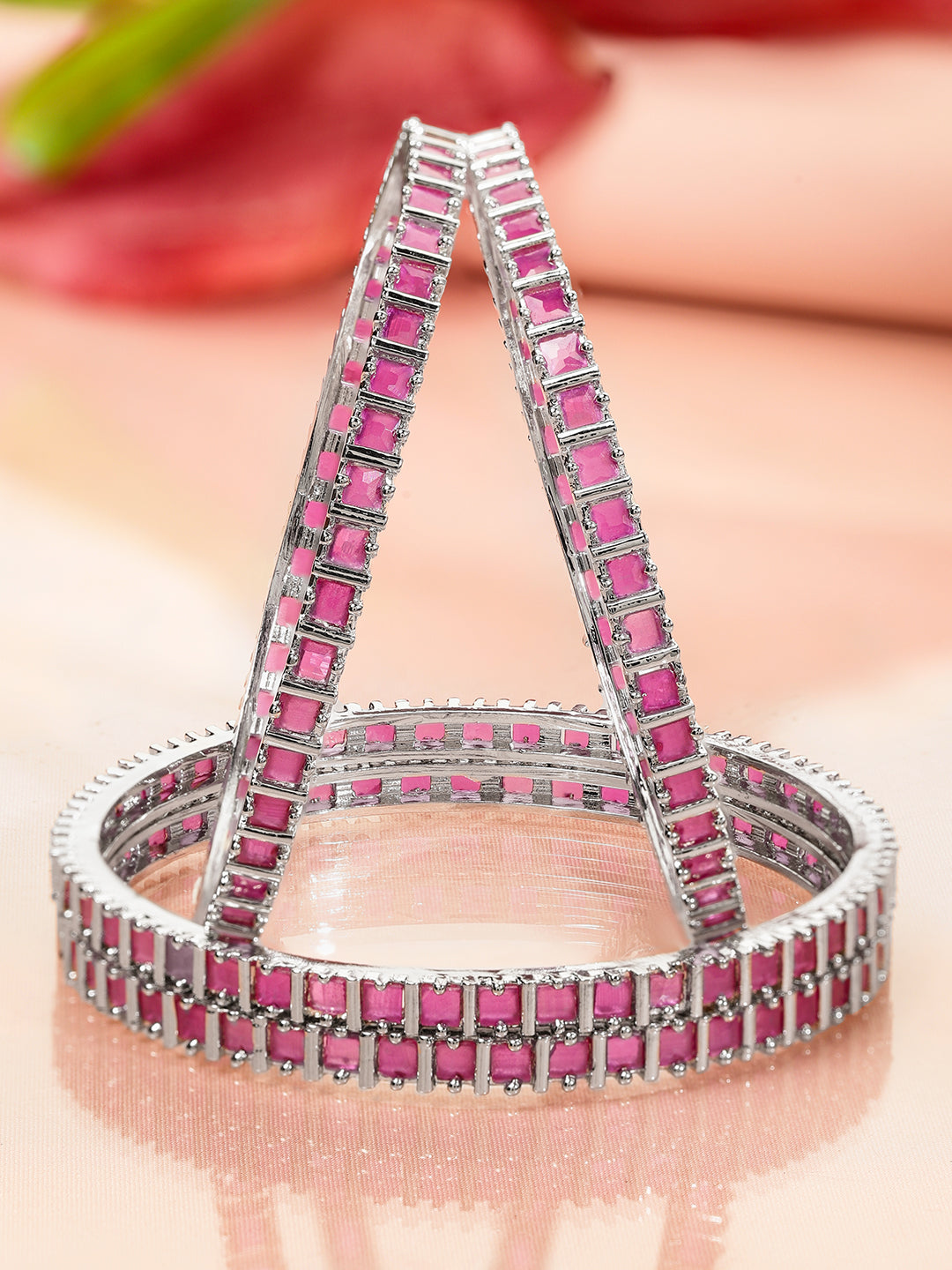 Wentra Set of 4 Rhodium-Plated Ruby Pink Cubic Zirconia Studded Handcrafted Premium Bangles for Women
